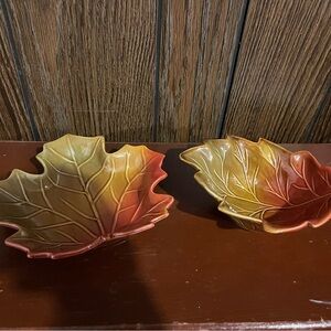 Autumn ShapedMaple Leaf Serving Dish and Creamer Holder Fall Orange Yellow Green